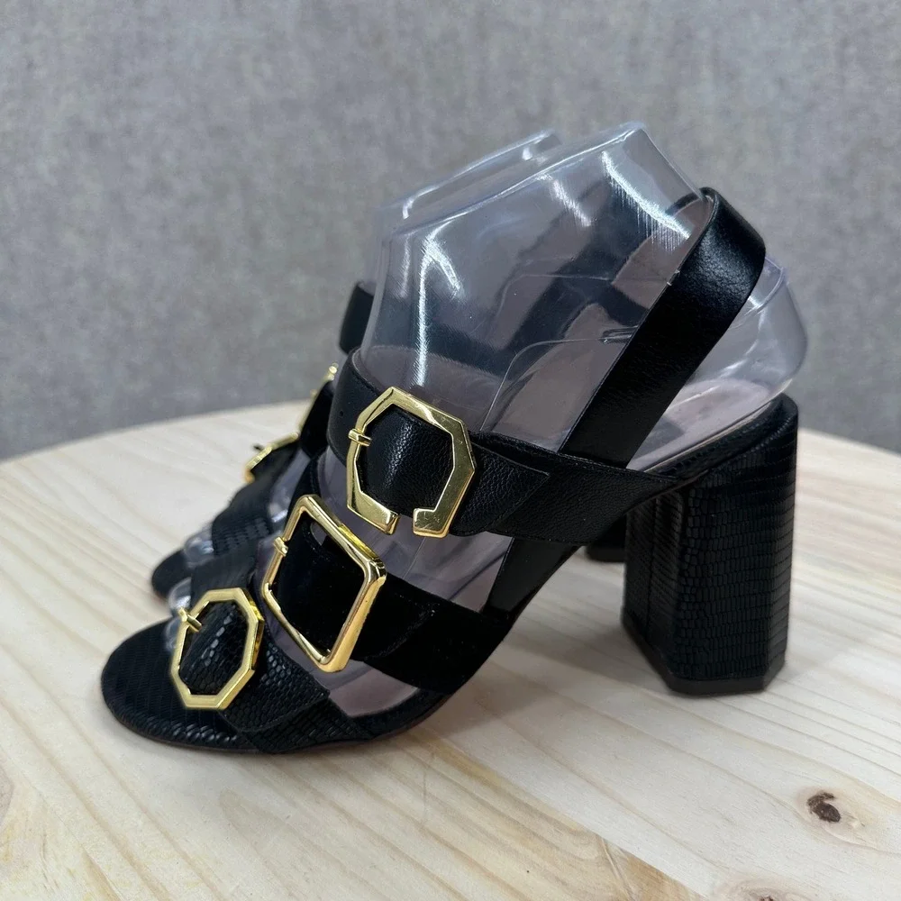 Louise et Cie Block Heel Sandals Womens 6 Black Lizard Embossed Triple Buckle